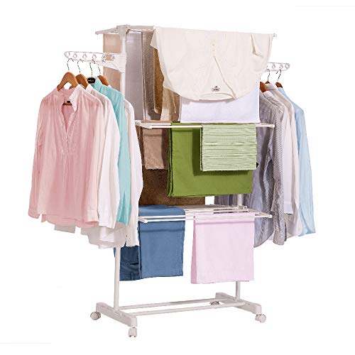 Newteck Tendedero de Ropa Vertical de plástico Ruedas y 4 Niveles Dobles. Tendedero Plegable y Extensible para Interiores y Exteriores, con Soporte para artículos pequeños y 15 Metros de tendedero.