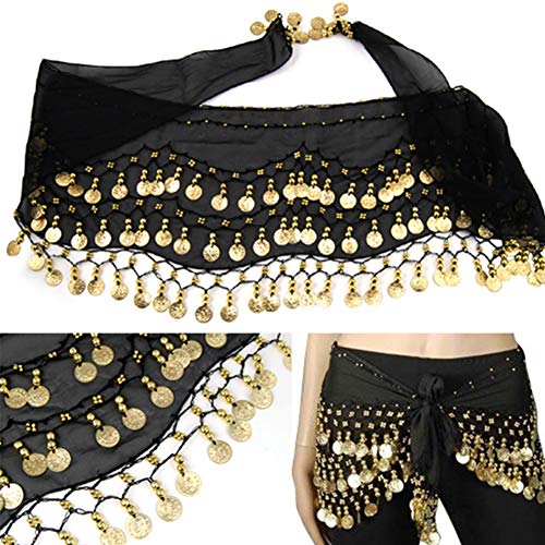 NiceButy falda de la danza del vientre de la cadera de la gasa de oro colgando toalla de la moneda del vientre danza hip cinturón negro envuelto Accesorios Ropa