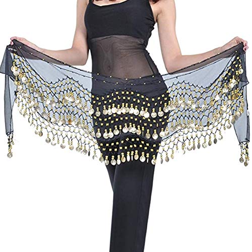 NiceButy falda de la danza del vientre de la cadera de la gasa de oro colgando toalla de la moneda del vientre danza hip cinturón negro envuelto Accesorios Ropa