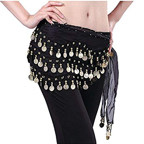 NiceButy falda de la danza del vientre de la cadera de la gasa de oro colgando toalla de la moneda del vientre danza hip cinturón negro envuelto Accesorios Ropa