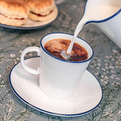 Nicola Spring Juego de Tazas para café o té y platillos - Estilo rústico - Blanco/Azul - 250 ml - Pack de 12
