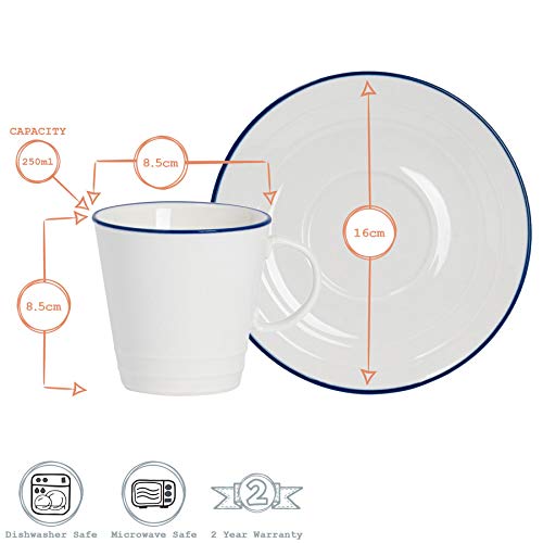 Nicola Spring Juego de Tazas para café o té y platillos - Estilo rústico - Blanco/Azul - 250 ml - Pack de 12