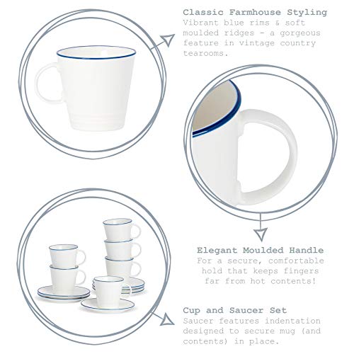 Nicola Spring Juego de Tazas para café o té y platillos - Estilo rústico - Blanco/Azul - 250 ml - Pack de 12