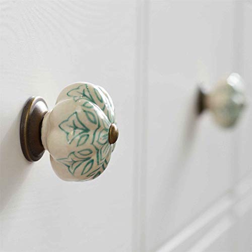 Nicola Spring Tirador para cajones y armarios - Cerámica - Diseño con Flor Vintage - Verde Menta - Pack de 6
