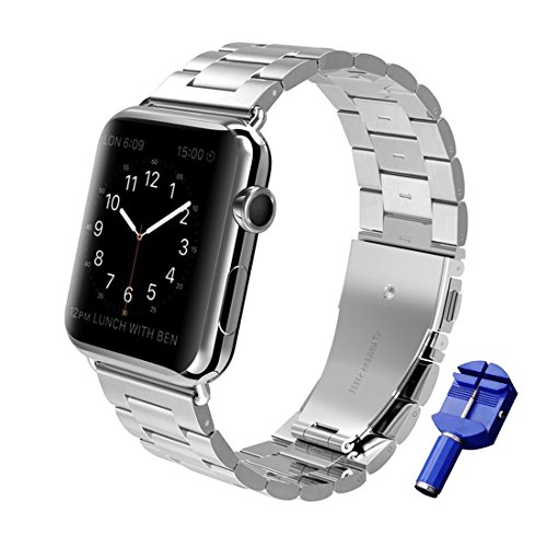 Nicwea Correa de reloj sólida de acero inoxidable metal Apple, broche plegable pulido fino Reemplazo de pulsera iWatch para Apple Watch serie 3/2/1 Sport / Edition 38mm - Plata