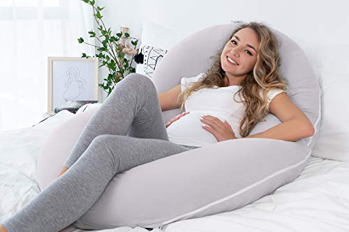 NiDream Almohada de Embarazo con Funda de Jersey, Almohada de Cuerpo Completo en Forma de C para Mujeres Embarazadas (Algodón Gris)