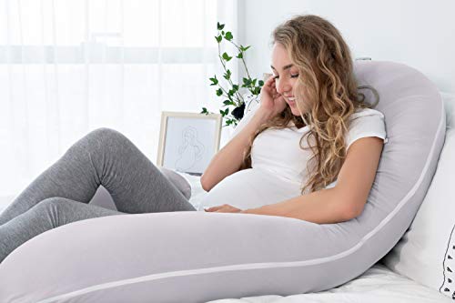 NiDream Almohada de Embarazo con Funda de Jersey, Almohada de Cuerpo Completo en Forma de C para Mujeres Embarazadas (Algodón Gris)