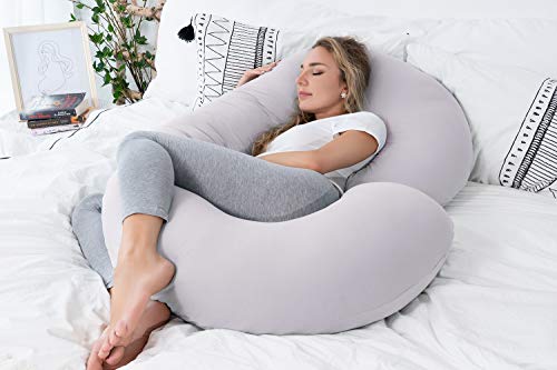 NiDream Almohada de Embarazo con Funda de Jersey, Almohada de Cuerpo Completo en Forma de C para Mujeres Embarazadas (Algodón Gris)