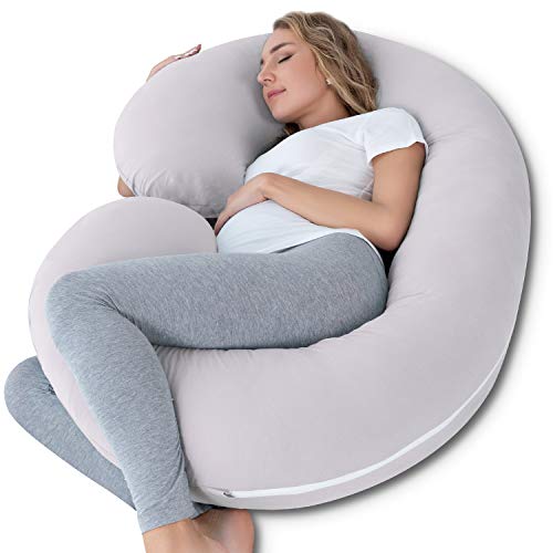 NiDream Almohada de Embarazo con Funda de Jersey, Almohada de Cuerpo Completo en Forma de C para Mujeres Embarazadas (Algodón Gris)