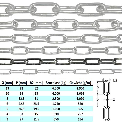 NietFullThings - Cadena de acero inoxidable V4A de 3 metros y 3 mm de grosor, cadena de eslabones largos, DIN 5685, DIN 763, por metros, de acero inoxidable, 3 m