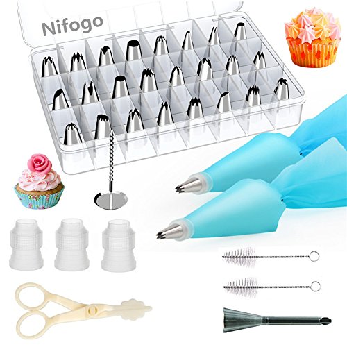 Nifogo Boquillas para Manga Pastelera Decoración, 34 Piezas Consejos de Pastelería, Incluir 24+1 pcs Boquilla de Acero Inoxidable, Decoración de Pasteles & Crema (34 in 1)