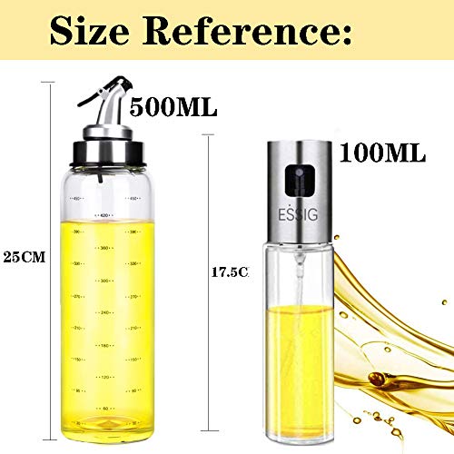 Nifogo Dispensador de Aceite, Pulverizador de Aceite,Oil Sprayer Vinagre/Aceite de Oliva de Acero Inoxidable Botella de Vidrio para Herramienta de Cocina cocinar (Plateado Brillant, Inoxidable+Vaso)