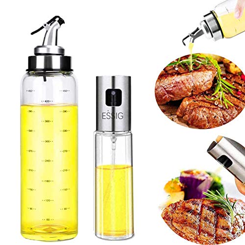 Nifogo Dispensador de Aceite, Pulverizador de Aceite,Oil Sprayer Vinagre/Aceite de Oliva de Acero Inoxidable Botella de Vidrio para Herramienta de Cocina cocinar (Plateado Brillant, Inoxidable+Vaso)