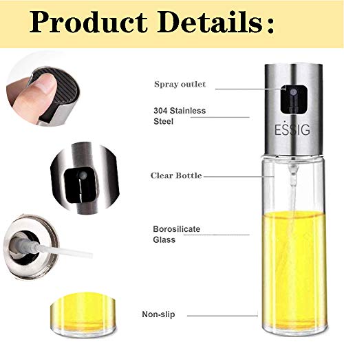 Nifogo Dispensador de Aceite, Pulverizador de Aceite,Oil Sprayer Vinagre/Aceite de Oliva de Acero Inoxidable Botella de Vidrio para Herramienta de Cocina cocinar (Plateado Brillant, Inoxidable+Vaso)