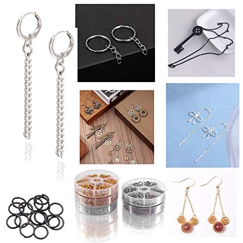 Nigaga - Juego de anillos de salto abiertos de metal superfuertes, 4 mm, 5 mm, 6 mm, 7 mm, 8 mm, 10 mm, con caja y abridor de anillos de salto dorado para hacer joyas y reparar collares (negro)
