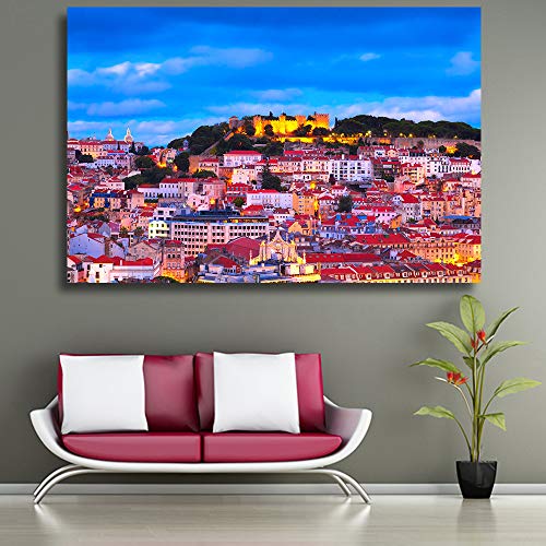 NIMCG Decoración del hogar Paisaje Urbano de Lisboa Paisaje Lienzo Pintura Vista de la Ciudad Arte de la Pared Imágenes para la Sala de Estar 30x45 cm (sin Marco)