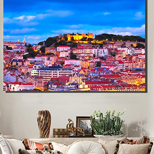 NIMCG Decoración del hogar Paisaje Urbano de Lisboa Paisaje Lienzo Pintura Vista de la Ciudad Arte de la Pared Imágenes para la Sala de Estar 30x45 cm (sin Marco)