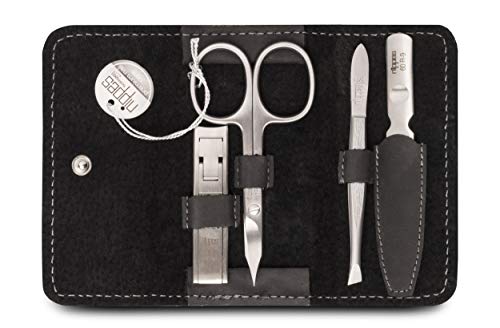 Nippes Solingen - Set de manicura (4 piezas, acero inoxidable y sin níquel, estuche de piel de vacuno con botón de presión, línea Nippes Premium), color negro