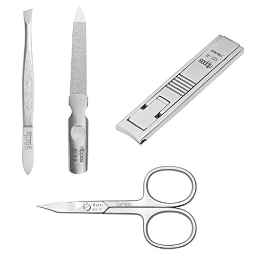 Nippes Solingen - Set de manicura (4 piezas, acero inoxidable y sin níquel, estuche de piel de vacuno con botón de presión, línea Nippes Premium), color negro