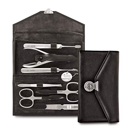 Nippes Solingen - Set de manicura (4 piezas, acero inoxidable y sin níquel, estuche de piel de vacuno con cierre de hebilla, Nippes Premium Line), color negro