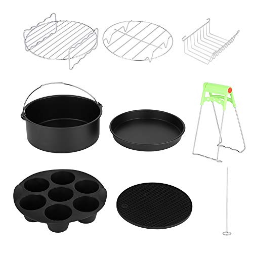 NITRIP Accesorios de freidora de Aire de Acero Inoxidable 8in Negro + Plata 8pcs Juego de Piezas de Kit Soporte de Metal Brocheta Barrel Cake Barrel