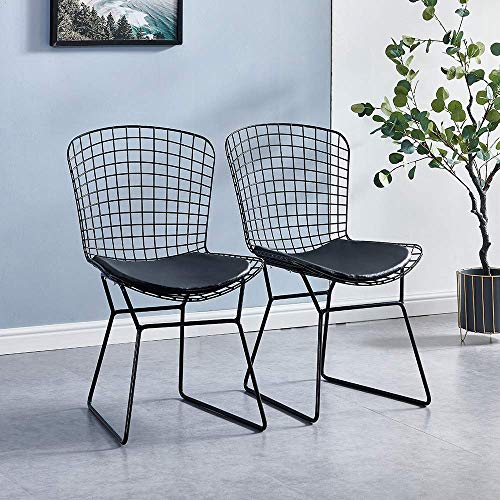 NMDD Set mit 2 Schwarzen Harry Bertoia Style Beistellstühlen aus Draht mit Lederkissen für Das Esszimmer Coffee Shop Restaurant Simple Industrial Design Accent Chair