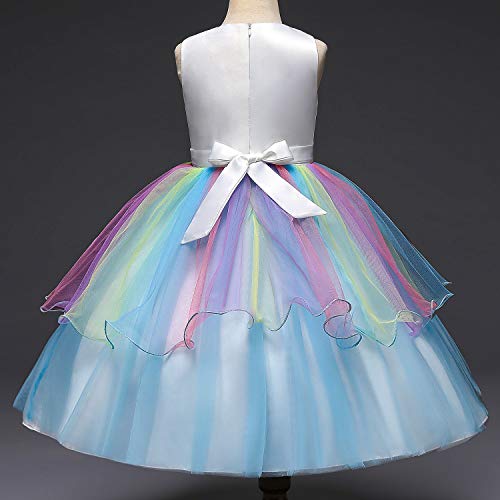 NNJXD Vestido de Unicornio para niñas Fiesta de Apliques de Flores Cosplay Disfraz de Halloween + Gorros Tamaño (110) 3-4 años Azul