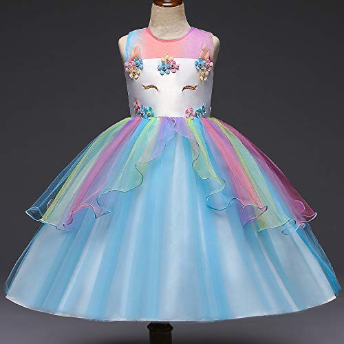 NNJXD Vestido de Unicornio para niñas Fiesta de Apliques de Flores Cosplay Disfraz de Halloween + Gorros Tamaño (110) 3-4 años Azul