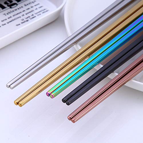 N\O 5 Pares de Palillos de Acero Inoxidable, Reutilizables Antideslizante Palillos de Metal Ligero, Multicolores pulidos 23cm Forma Cuadrada Hueca Palillos(Plata, Oro, Rosa, Arco Iris, Negro)
