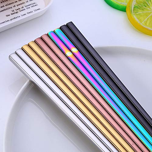 N\O 5 Pares de Palillos de Acero Inoxidable, Reutilizables Antideslizante Palillos de Metal Ligero, Multicolores pulidos 23cm Forma Cuadrada Hueca Palillos(Plata, Oro, Rosa, Arco Iris, Negro)