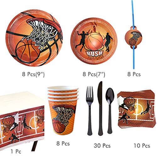 Noe 73 piezas Fiesta de baloncesto para niños, cumpleaños, baloncesto, vajilla de cartón, deporte, temática de cumpleaños, juego con platos, servilletas, vasos, etc. Decoración para 8 personas