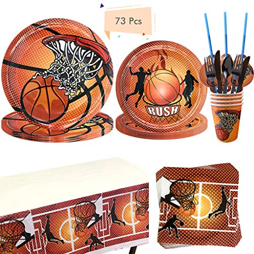 Noe 73 piezas Fiesta de baloncesto para niños, cumpleaños, baloncesto, vajilla de cartón, deporte, temática de cumpleaños, juego con platos, servilletas, vasos, etc. Decoración para 8 personas