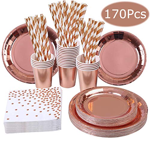 NOGJKS 170 Piezas Paquete de Fiesta Decoraciones para Fiestas, Plato de Postre Taza de Fiesta Taza de Fiesta Taza de Fiesta de Oro de Oro Rosa, Fiesta de cumpleaños Baby Shower (30 visitantes)