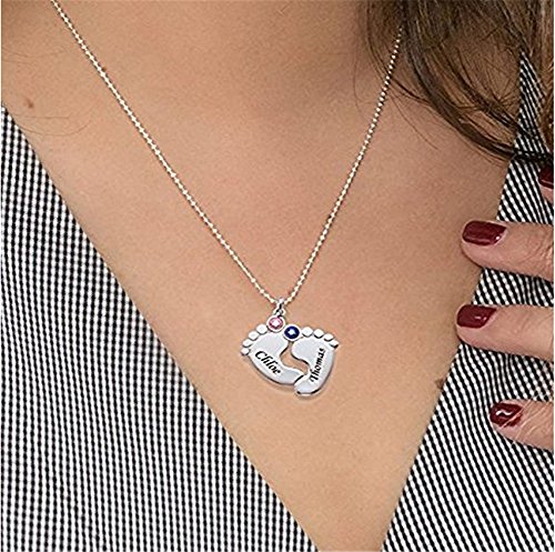 Nombre Personalizado Collar Dos pies bebé Colgante con 2 Nombres y Piedras de Nacimiento