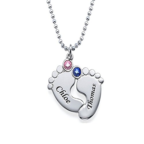 Nombre Personalizado Collar Dos pies bebé Colgante con 2 Nombres y Piedras de Nacimiento