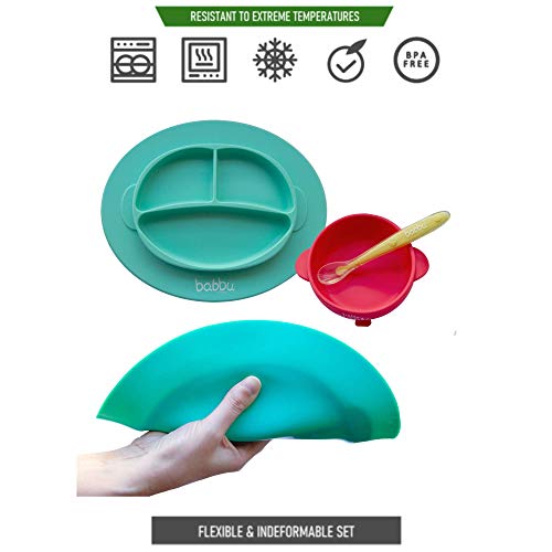 NOTQUOS Set vajilla de Silicona bebés con ventosa de succión antideslizante para tronas. Plato de Silicona + Bowl de Silicona + Cuchara de Silicona(azul)