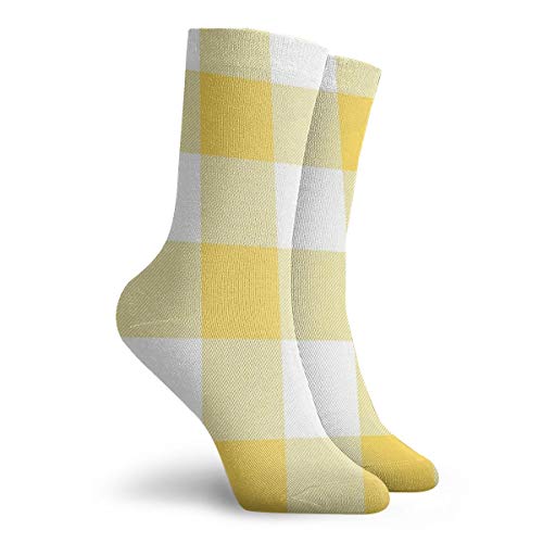 Novedad divertido Crazy Crew Sock Buffalo Check Mostaza Amarillo Y Blanco Plaid Rayas anchas Impreso Deporte Calcetines Deportivos 30 cm Largo Personalizado Regalo Calcetines