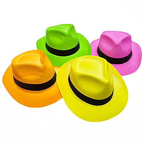 Novelty Place [Estrellas de la Fiesta Fieltro Neón Sombreros de Plástico para Fiestas - Estilo Gánster y Brillo de Luz Negra UV - para Niños y Adultos (Paquete de 12)