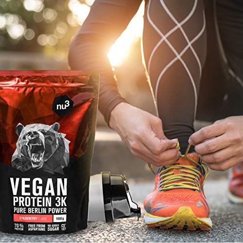 nu3 - Proteína vegana 3K - 1kg de fórmula - 70% de proteína a base de 3 componentes vegetales - Proteínas para el crecimiento de la masa muscular con delicioso sabor fresa
