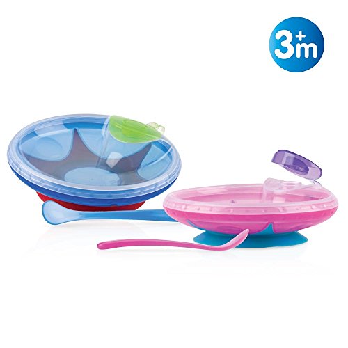 Nuby ID5342PINK - Plato de agua caliente con ventosa y cuchara 6m+