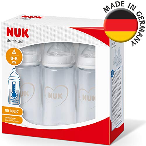 NUK First Choice+ Set de Biberones, 0-6 Meses, Control De Temperatura, Tetina De Silicona, Válvula Anticólico, Sin Bpa, 150 Ml, Gris Y Blanco, 3 Unidades