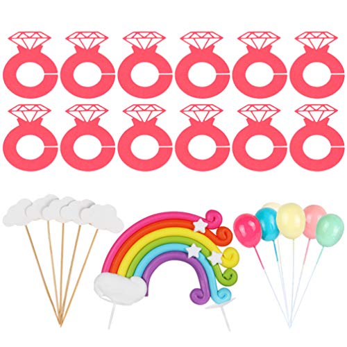NUOBESTY 24 Piezas Arcoíris Cupcake Toppers Globo Nube Anillo de Diamantes Selecciones de Pastel de Papel Palitos de Postre para Niños Cumpleaños Decoraciones para Fiestas de Bodas