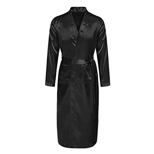 Nuofengkudu Hombre Saten Albornoz Manga Larga con Bolsillo Soft Kimono Japones Batas Peluqueria Color Sólido Pijamas Premama Batas de Casa Novia Boda Sleepwear (Negro,L)