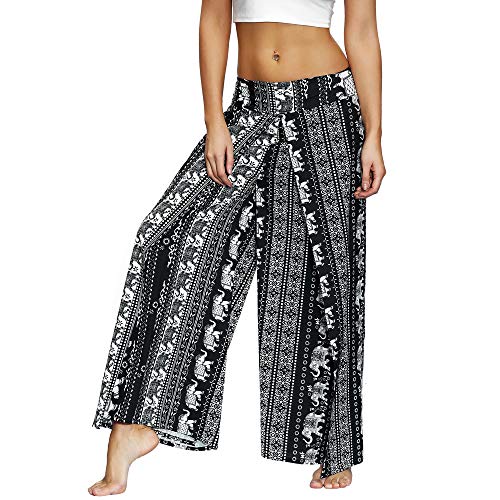 Nuofengkudu Mujer Hippie Largo Pantalones Dividir Pata Ancha Flores Estampados Sueltos Elegantes Comodos Thai Yoga Pants Verano Playa Vacaciones(Negro Elefante,S/M)