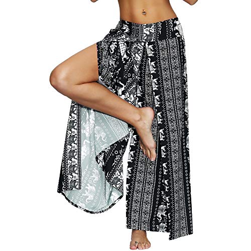 Nuofengkudu Mujer Hippie Largo Pantalones Dividir Pata Ancha Flores Estampados Sueltos Elegantes Comodos Thai Yoga Pants Verano Playa Vacaciones(Negro Elefante,S/M)