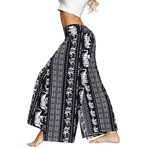 Nuofengkudu Mujer Hippie Largo Pantalones Dividir Pata Ancha Flores Estampados Sueltos Elegantes Comodos Thai Yoga Pants Verano Playa Vacaciones(Negro Elefante,S/M)