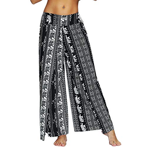 Nuofengkudu Mujer Hippie Largo Pantalones Dividir Pata Ancha Flores Estampados Sueltos Elegantes Comodos Thai Yoga Pants Verano Playa Vacaciones(Negro Elefante,S/M)
