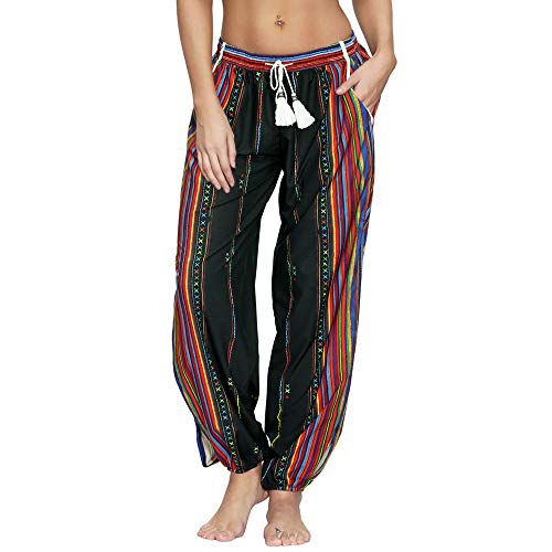 Nuofengkudu Mujer Hippies Pantalones Dividir Pata Estampados Boho Flores Verano Alta Cintura Tailandes Harem Drawstring Yoga Pants Verano Playa(Negro Arco,Large)