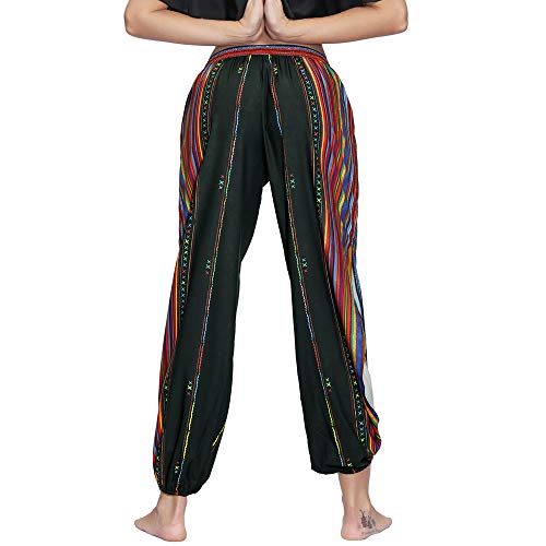 Nuofengkudu Mujer Hippies Pantalones Dividir Pata Estampados Boho Flores Verano Alta Cintura Tailandes Harem Drawstring Yoga Pants Verano Playa(Negro Arco,Large)