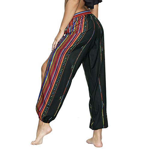 Nuofengkudu Mujer Hippies Pantalones Dividir Pata Estampados Boho Flores Verano Alta Cintura Tailandes Harem Drawstring Yoga Pants Verano Playa(Negro Arco,Large)